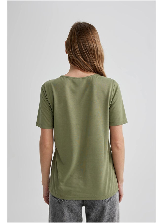 DeFacto - Woman Regular Fit V Neck Knitted Short Sleeve T-Shirt - Image 1