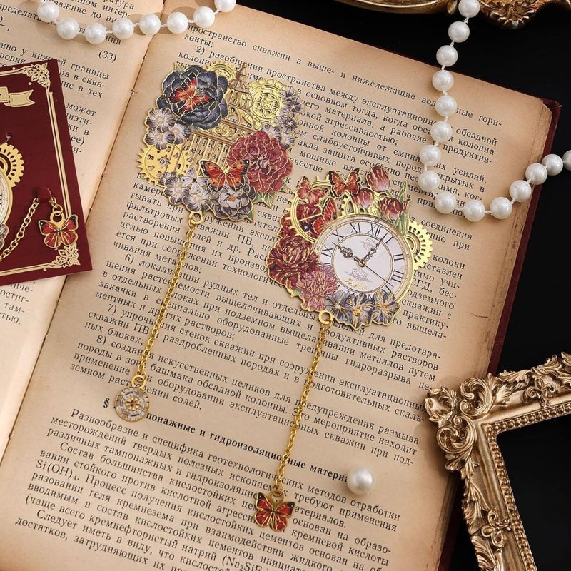 2 قطعة علامة كتاب معدنية عتيقة مع سلسلة قلادة وتصميم زهرة وساعة رملية، علامات كتب ستيمبانك رجعية للقراءة، للرجال والنساء وعشاق الكتب والمعلمين - Image 3