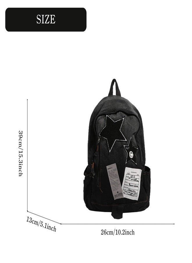 KANGDAWEI Cute Star Denim Backpack, Grunge Y2K Vintage Fashion Bookbag, Aesthetic Emo 2000s Backpack for Women Men Casual Bag (Black) - Image 5
