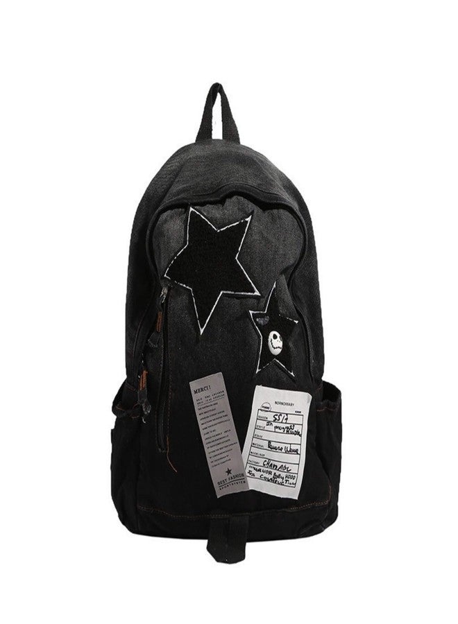 KANGDAWEI Cute Star Denim Backpack, Grunge Y2K Vintage Fashion Bookbag, Aesthetic Emo 2000s Backpack for Women Men Casual Bag (Black) - Image 1