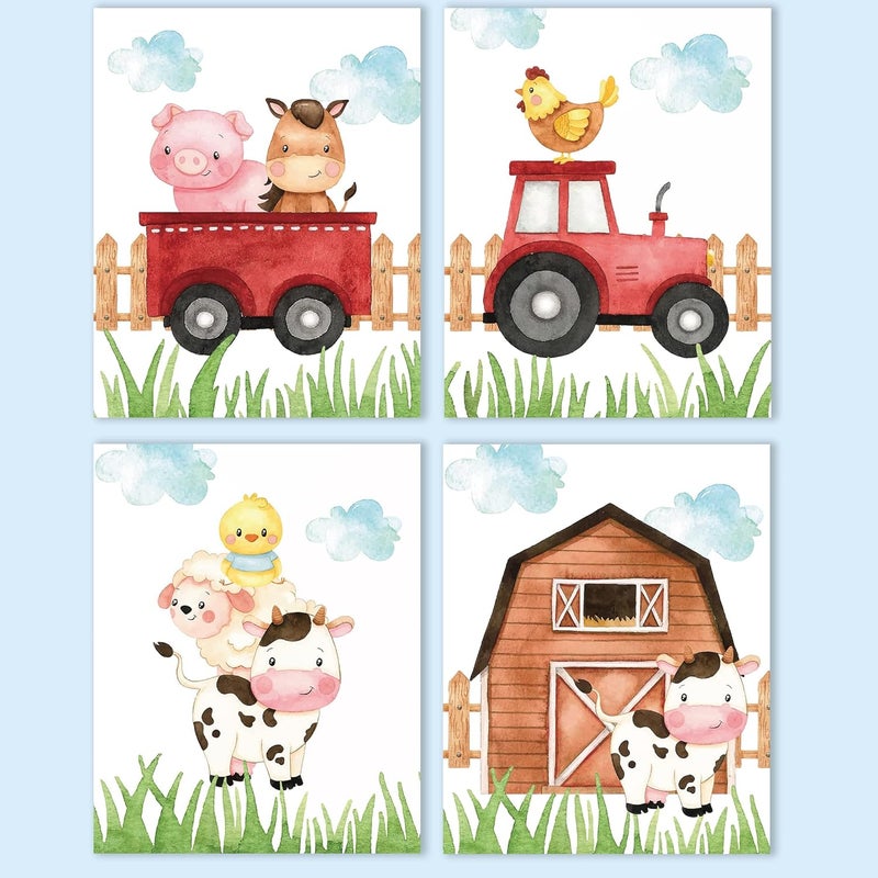 VICBOU 4 Pcs Watercolor Cute Farm Animals Wall Art Prints Nursery Decor Nursery Wall Decor Farm Animal Lover Gift Posters for Baby Room Playroom Girls Boys Kids Room Decoration 8x10 in Unframed - Image 1