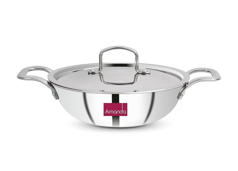 Amanda Amanda Triply Stainless Steel Kadhai with Lid,Kadai for Cooking, Stainless Steel Cookware Triply Kadai, Induction & Gas Stove Compatible, 1.5 litres (20cm), 5 Years Warranty - Silver - Image 1