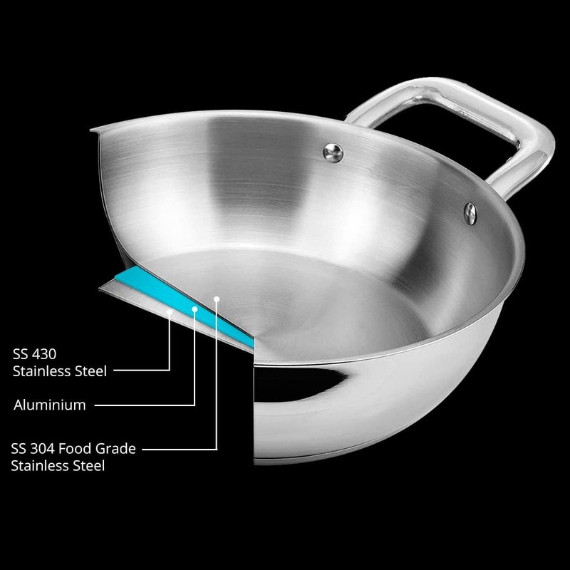 Amanda Amanda Triply Stainless Steel Kadhai with Lid,Kadai for Cooking, Stainless Steel Cookware Triply Kadai, Induction & Gas Stove Compatible, 1.5 litres (20cm), 5 Years Warranty - Silver - Image 2