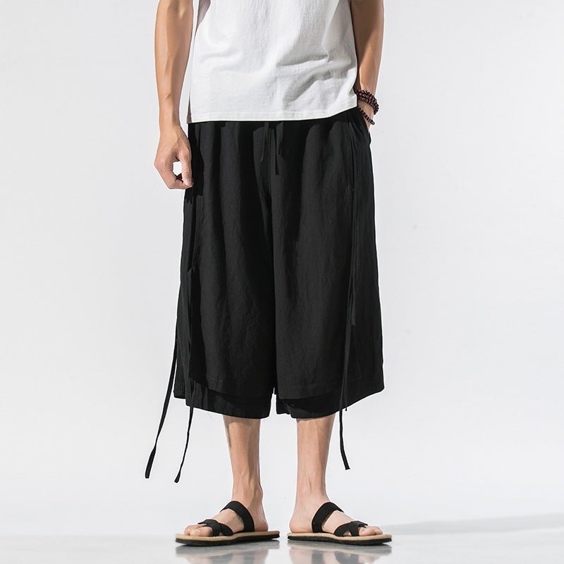 Summer plus size Chinese style cotton and linen casual pants for men and women dark pendant ribbon antique Chinese clothing song pants K92/P85 - Image 1