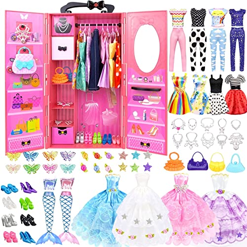VLUSSO 84 Pack Doll Clothes and Accessories with Doll Closet for 115 Inch Doll Fashion Design Kit Girl Including Wedding Dress Fashion Dress Outfits Tops and Pants Shoes Hangers Bags Necklaces - Image 1