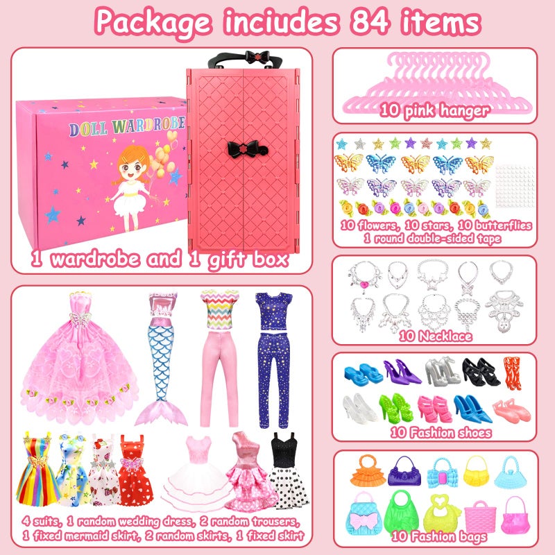VLUSSO 84 Pack Doll Clothes and Accessories with Doll Closet for 115 Inch Doll Fashion Design Kit Girl Including Wedding Dress Fashion Dress Outfits Tops and Pants Shoes Hangers Bags Necklaces - Image 3