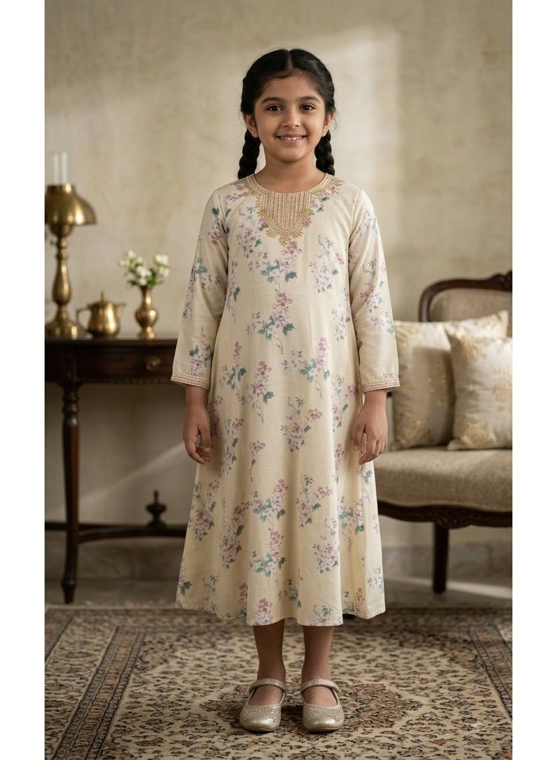 HANA & SARA Girls Arabic Viscose Blended Digital Print Jalabiya – Floral Comfort Fit Festive Wear Dress - Image 1