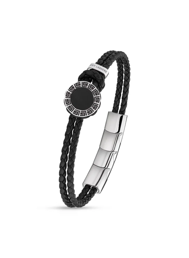 غاي لاروش Silver Stainless Steel and Black Leather Bracelet for Men