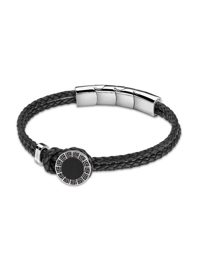 غاي لاروش Silver Stainless Steel and Black Leather Bracelet for Men
