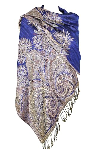 Achillea Luxurious Double Layered Jacquard Big Paisley Pashmina Shawl Wrap Scarf (Royal Blue) - Image 1