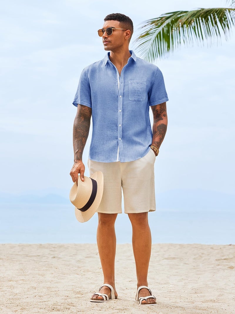 Runcati Mens Linen Button Down Shirts Casual Short Sleeve Shirt Summer Beach Wedding Tops with Pocket - Image 5
