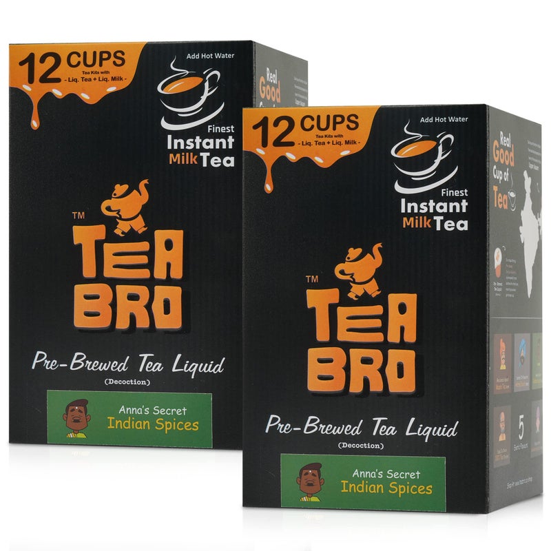 TEA BRO شاي برو، شاي حليب فوري (بنكهة التوابل الهندية) - عبوة من 2 | مستخلص شاي جاهز (مركز) | فقط أضف الماء الساخن | لكل عبوة - 12 مجموعة شاي مع (شاي سائل + حليب سائل + سكر) - سر آنا، التوابل الهندية - Image 1