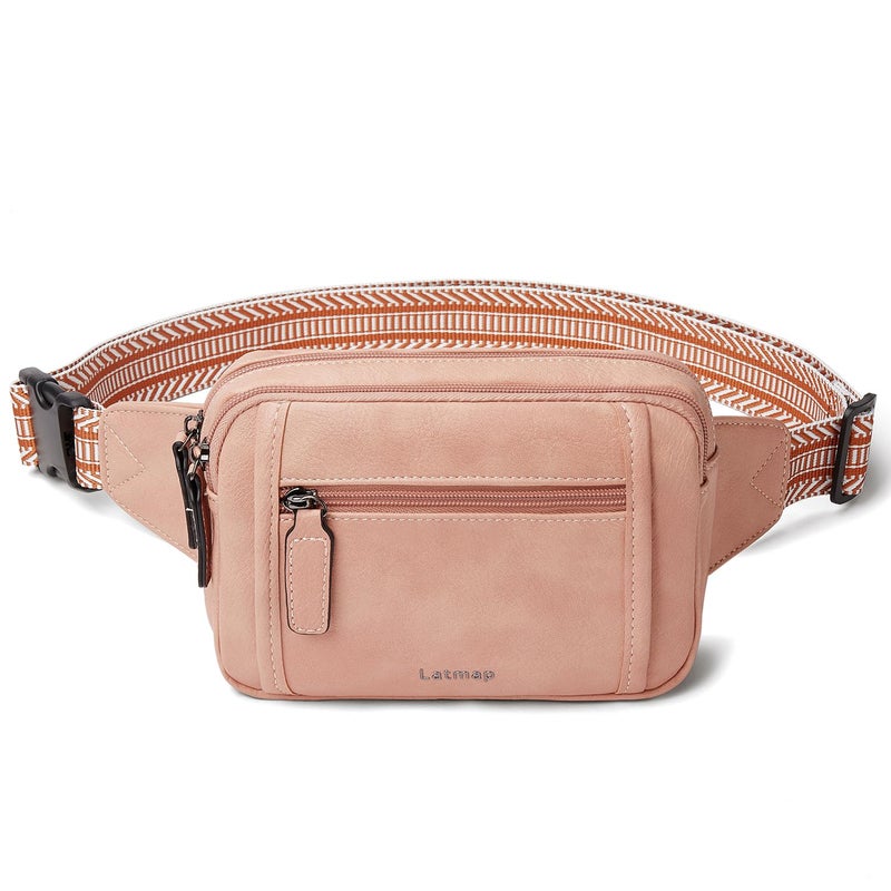 LATMAP 3L TRIPLE ZIP Fanny Packs Belt Bag For Women Men Crossbody Waist Pack Sling Chest Bum Travel Bag Purse Faux Leather Fashion Cute Light Pink - Image 1