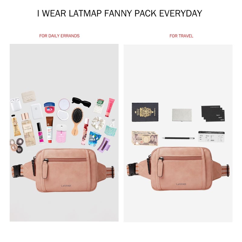 LATMAP 3L TRIPLE ZIP Fanny Packs Belt Bag For Women Men Crossbody Waist Pack Sling Chest Bum Travel Bag Purse Faux Leather Fashion Cute Light Pink - Image 4