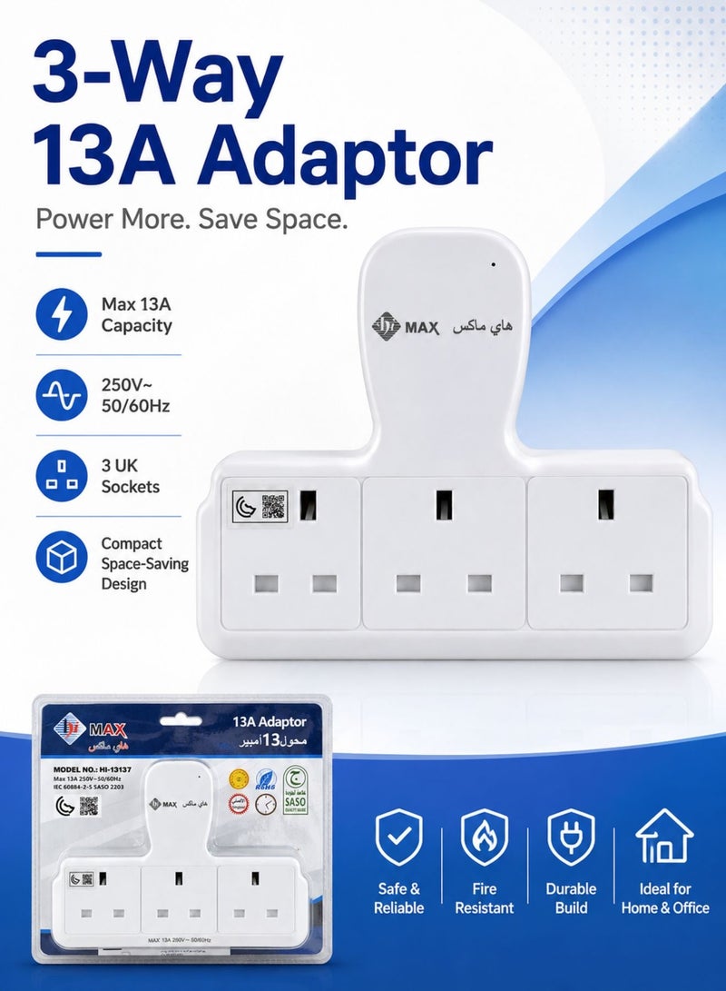 Himax 3 Way UK Plug Wall Adaptor 250V White Multi Socket Power Adaptor for Home Office and Daily Use - Image 4