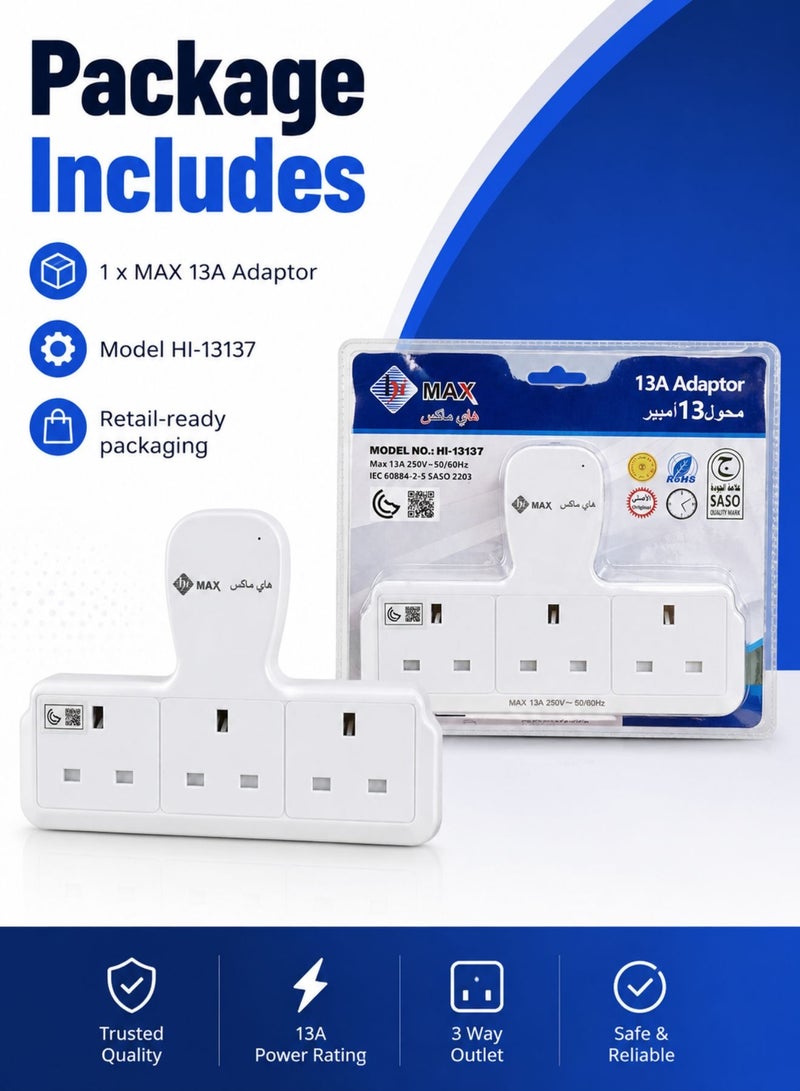 Himax 3 Way UK Plug Wall Adaptor 250V White Multi Socket Power Adaptor for Home Office and Daily Use - Image 5