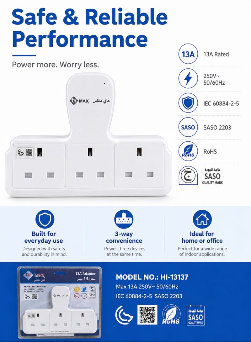 Himax 3 Way UK Plug Wall Adaptor 250V White Multi Socket Power Adaptor for Home Office and Daily Use - Image 2
