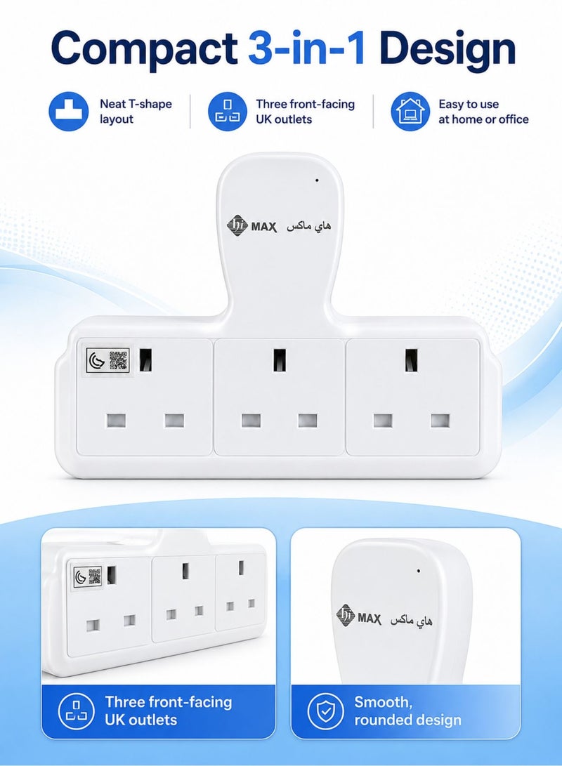 Himax 3 Way UK Plug Wall Adaptor 250V White Multi Socket Power Adaptor for Home Office and Daily Use - Image 3
