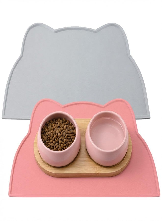 CENELO 2Pcs Silicone Cat Food Mat Waterproof Cat Bowl Mats Pet Feeding Mat Pet Placemat for Indoor Floors (Gray & Pink) - Image 1