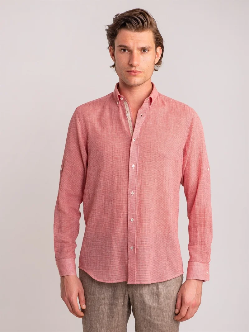 دوفي Red Men's Slim Fit Brent Button Collar Long Sleeve Shirt