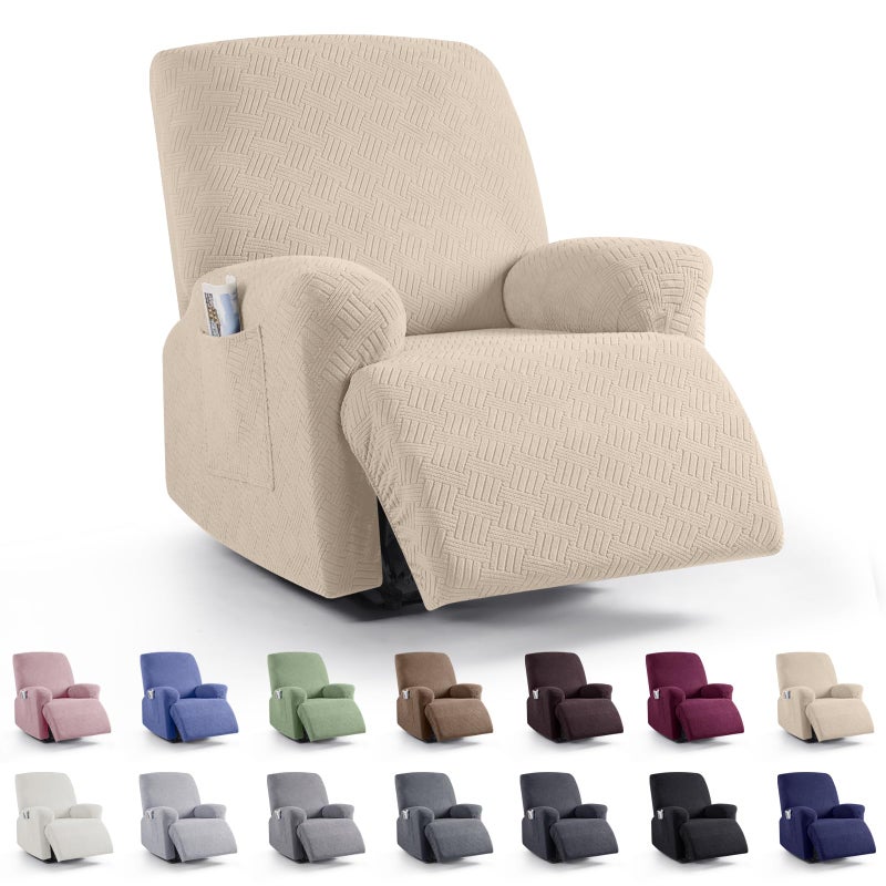 KinCam Recliner Covers Stretch Reclining Chair Covers Recliner Sofa Slipcovers Stripe Jacquard Recliner Couch Covers Furniture Protector Covers for Pet Kid 1 Seater Vanilla