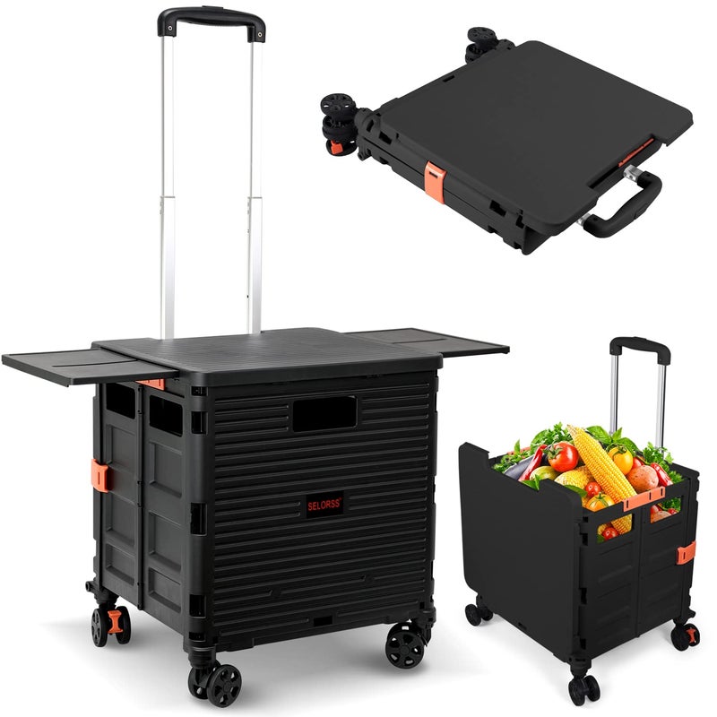 SELORSS Foldable Utility Cart Collapsible Portable Crate Rolling Carts with Wheels Tote Basket with Magnetic Lid Telescopic Cover WearResistant 360Rotate Wheel Noiseless for Shopping Storage Office Use 