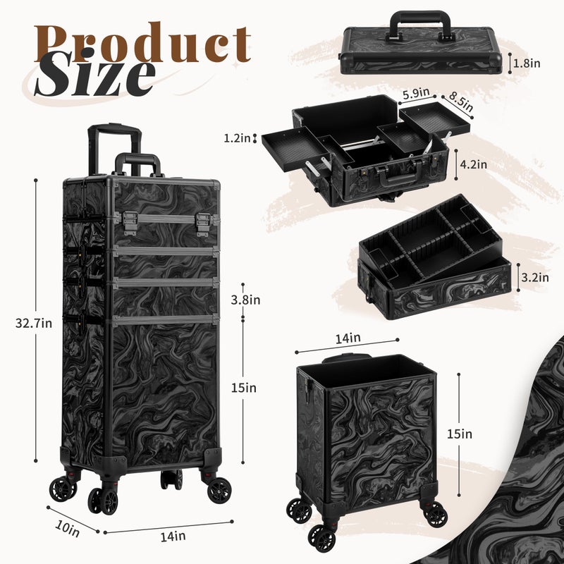 JINGUAN Profesional Rolling Makeup Train Case with Lid, 5 in 1 Cosmetology Case on Wheels, Large Cosmetic Trolley Organizer Travel for Hairstylist Artist Nail Beauty Salon Barber, Black Ink - Image 3
