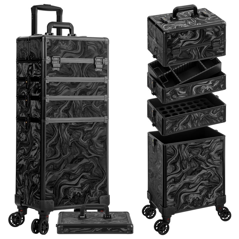 JINGUAN Profesional Rolling Makeup Train Case with Lid, 5 in 1 Cosmetology Case on Wheels, Large Cosmetic Trolley Organizer Travel for Hairstylist Artist Nail Beauty Salon Barber, Black Ink - Image 1