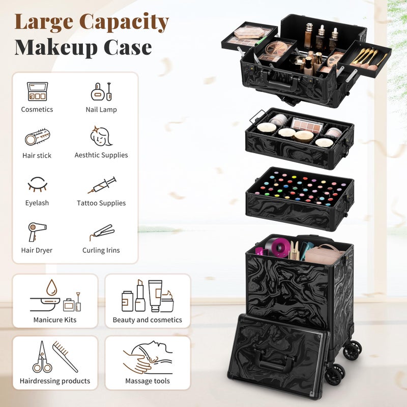 JINGUAN Profesional Rolling Makeup Train Case with Lid, 5 in 1 Cosmetology Case on Wheels, Large Cosmetic Trolley Organizer Travel for Hairstylist Artist Nail Beauty Salon Barber, Black Ink - Image 4