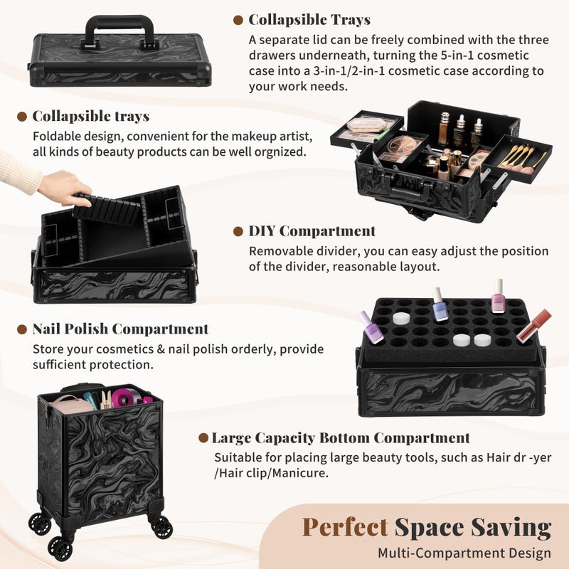 JINGUAN Profesional Rolling Makeup Train Case with Lid, 5 in 1 Cosmetology Case on Wheels, Large Cosmetic Trolley Organizer Travel for Hairstylist Artist Nail Beauty Salon Barber, Black Ink - Image 5