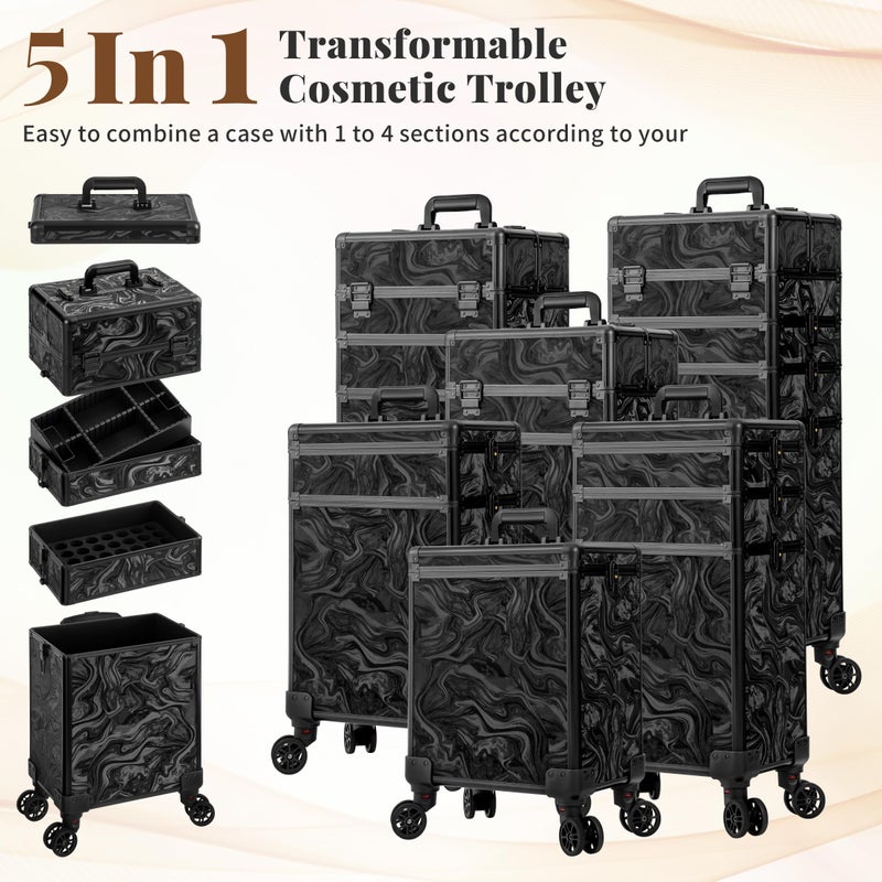 JINGUAN Profesional Rolling Makeup Train Case with Lid, 5 in 1 Cosmetology Case on Wheels, Large Cosmetic Trolley Organizer Travel for Hairstylist Artist Nail Beauty Salon Barber, Black Ink - Image 2