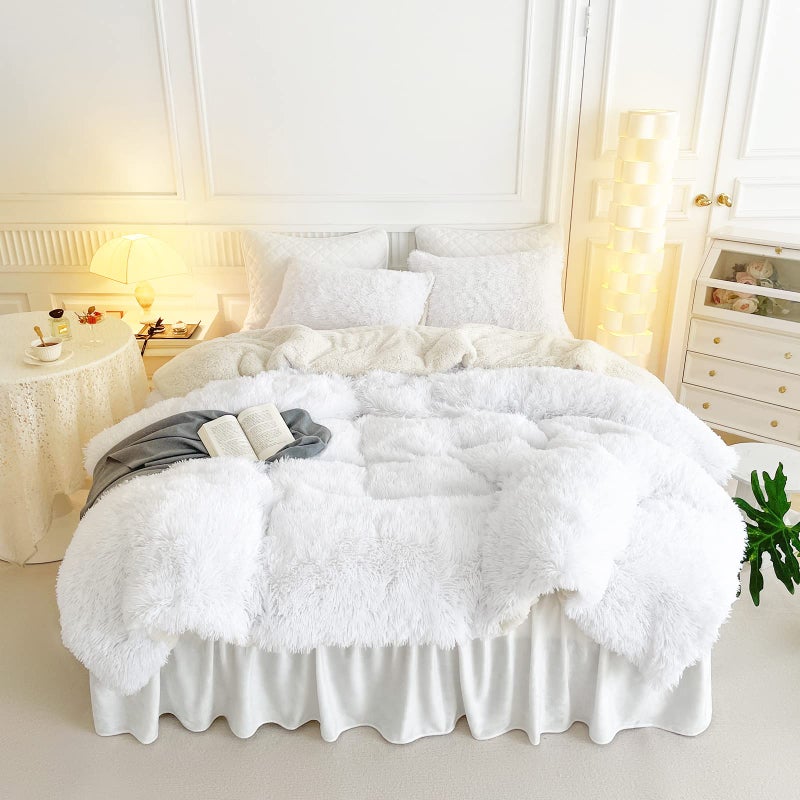 UOZZI BEDDING White Faux Fur Comforter Set Queen 3 Pieces 1 White Shaggy Comforter Set and 2 Pillowcases Ultra Soft and Easy Care Luxury Plush Shaggy Duvet Set