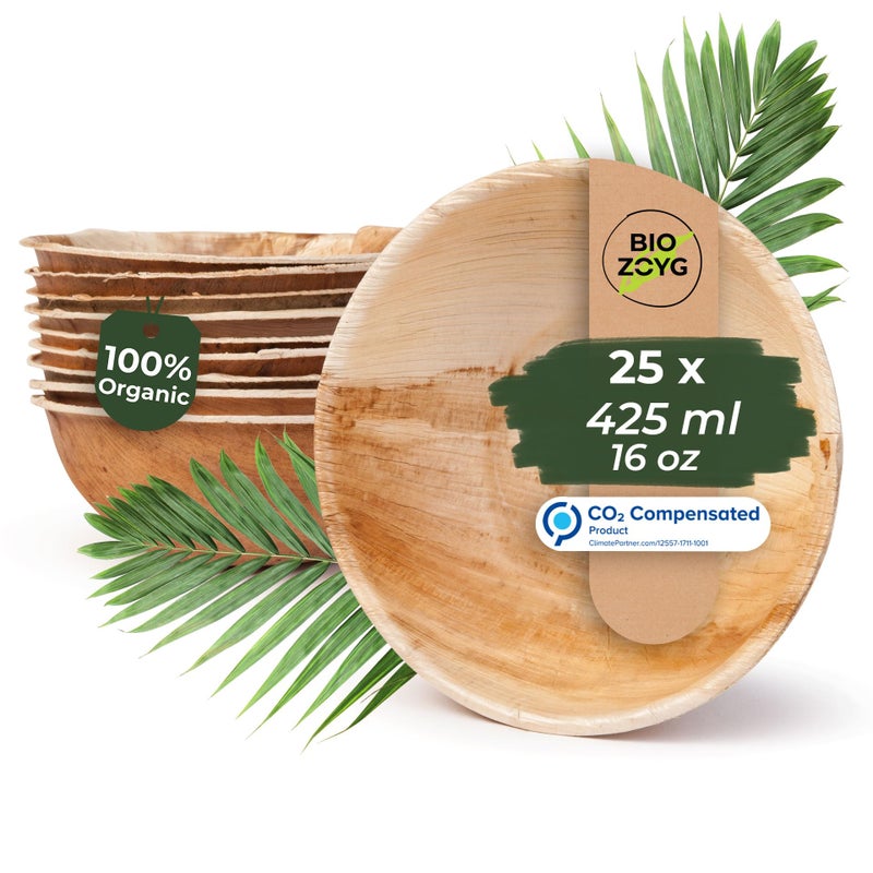 BIOZOYG 25x Palm Leaf Bowl 425 ml Round  Disposable Soup Plate Compostable Salad Bowl Palm Leaf Bowl  Disposable Bowl Sustainable Partyware