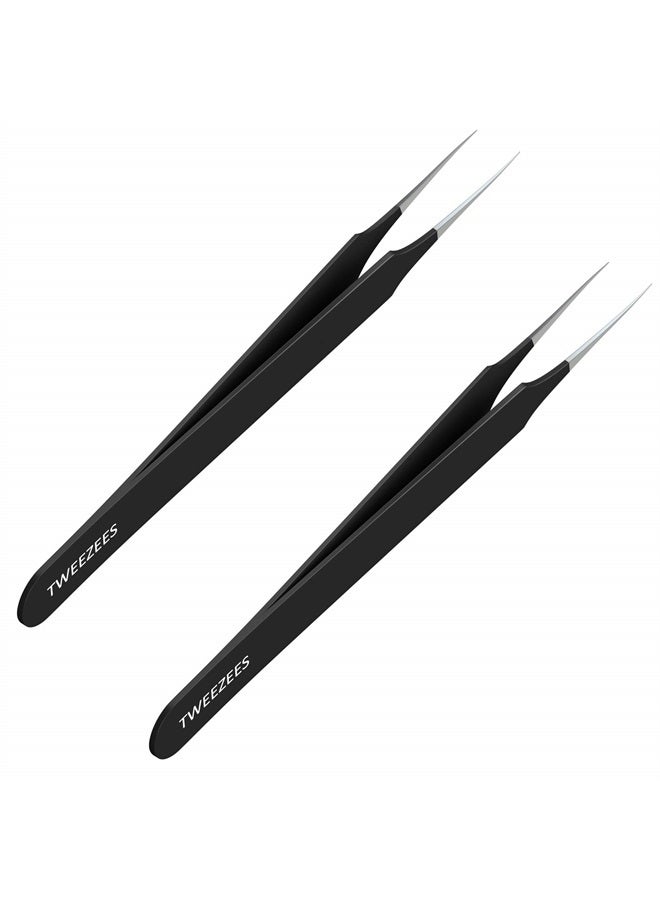 Tweezees Ingrown Hair Tweezers | Pointed Tip | 2 Pack | Black | Precision Stainless Steel | Extra Sharp and Perfectly Aligned for Ingrown Hair Treatment & Splinter Removal For Men and Women | By Tweezees - Image 1