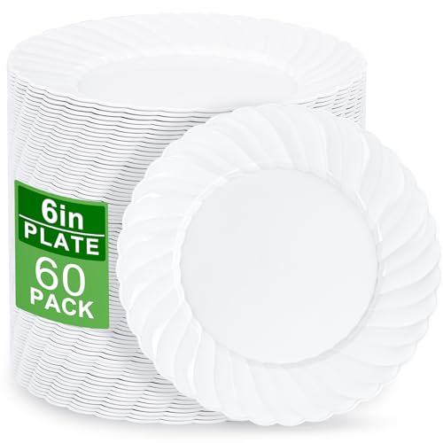 U-QE UQE 60 Pieces WhitePlasticPlates for Party White Disposable Plates 6 Inch SaladDessert Plates Disposable Heavy Duty for Birthdays Celebrations Wedding and Events - Image 1