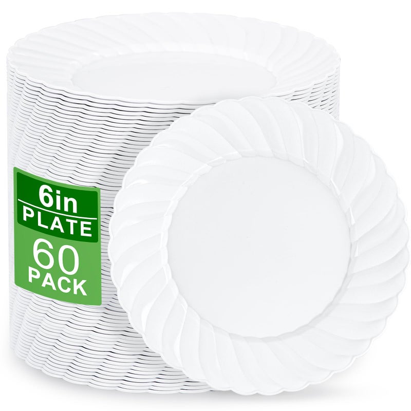 U-QE UQE 60 Pieces WhitePlasticPlates for Party White Disposable Plates 6 Inch SaladDessert Plates Disposable Heavy Duty for Birthdays Celebrations Wedding and Events - Image 2
