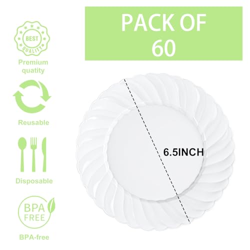 U-QE UQE 60 Pieces WhitePlasticPlates for Party White Disposable Plates 6 Inch SaladDessert Plates Disposable Heavy Duty for Birthdays Celebrations Wedding and Events - Image 3