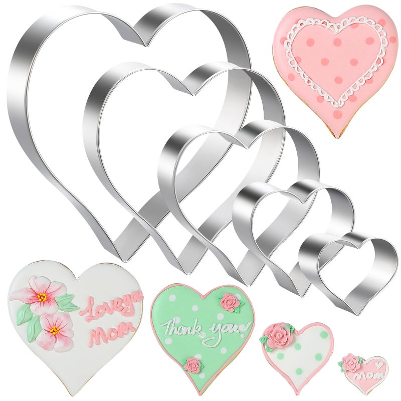 5Piece Stainless Steel Heart Cookie Cutters Set Valentines Day Birthday Wedding Baking Tools 138 to 457 Dishwasher Safe Fondant Biscuit Molds