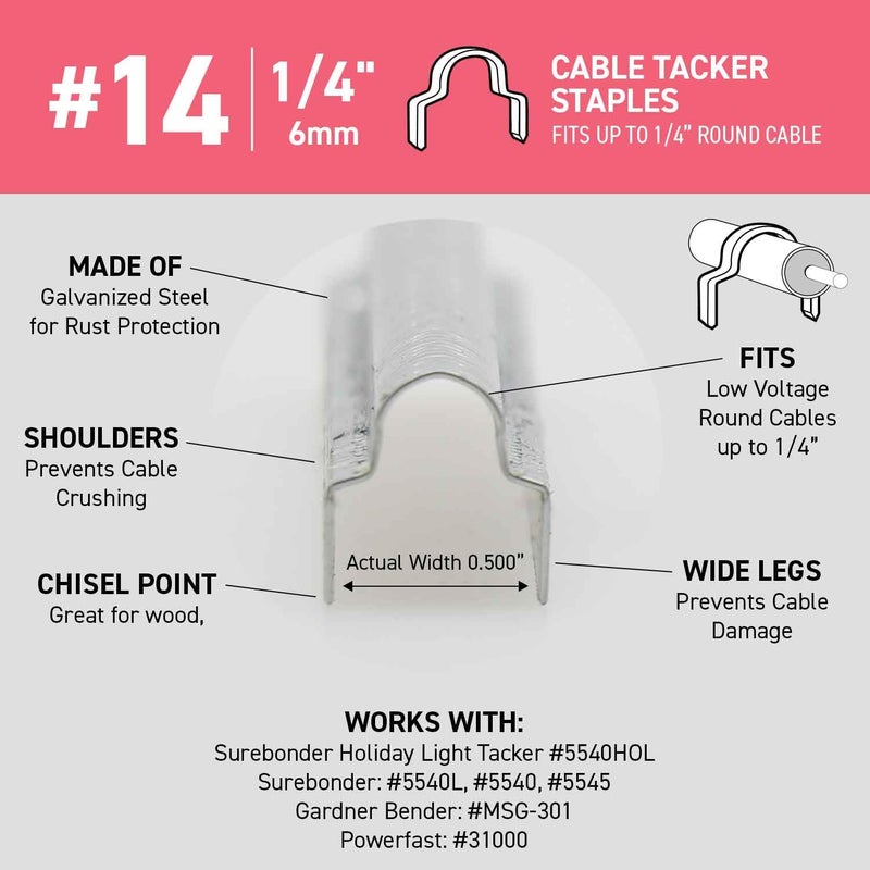 Surebonder #14 Cable Tacker Round Crown Staples - 1/4" - 630 ct. - Image 5