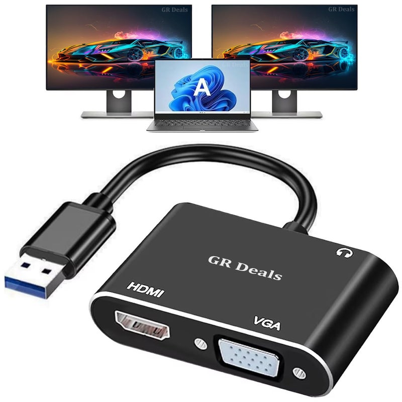 GR Deals USB3.0 to HDMI VGA Adapter, USB 3.0 to HDTV/VGA Converter, 1080P HDTV and 15 Pin Sync Output Support Windows 10/8/7 Only. (USB to VGA HDMI) (Black) - Image 1