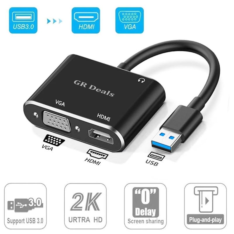 GR Deals USB3.0 to HDMI VGA Adapter, USB 3.0 to HDTV/VGA Converter, 1080P HDTV and 15 Pin Sync Output Support Windows 10/8/7 Only. (USB to VGA HDMI) (Black) - Image 2