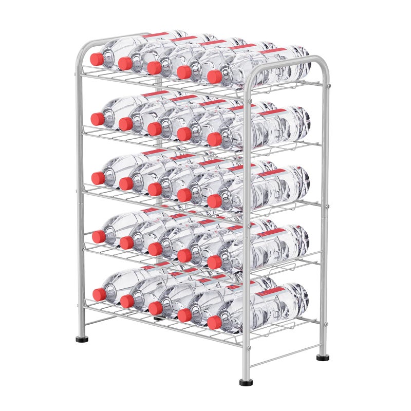 BTY 5 Tier Water Bottle Organizer Small Water Bottle Holder Stand Freestanding Metal Bottled Water Rack Dispenser for Kitchen Pantry Organization and Storage Silver