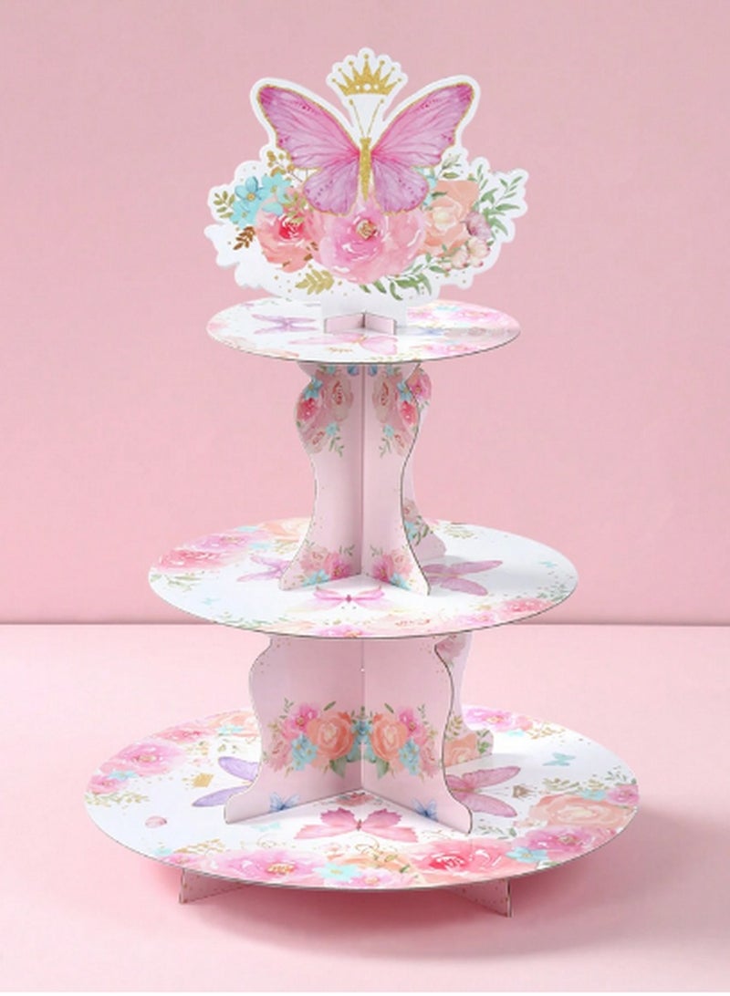3-Tier Butterfly Cake Stand – Elegant Display for Desserts & Pastries with Floral Design  - Image 1
