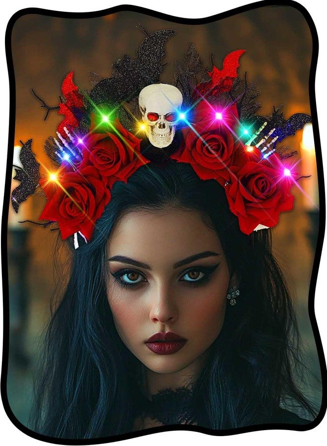 Urieo Rose Day of the Dead Headband Bat Light Up Headpiece Skull Halloween Led Glow Hair Accessories for Women - Image 1