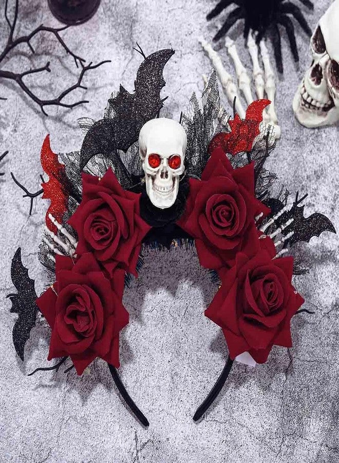 Urieo Rose Day of the Dead Headband Bat Light Up Headpiece Skull Halloween Led Glow Hair Accessories for Women - Image 2