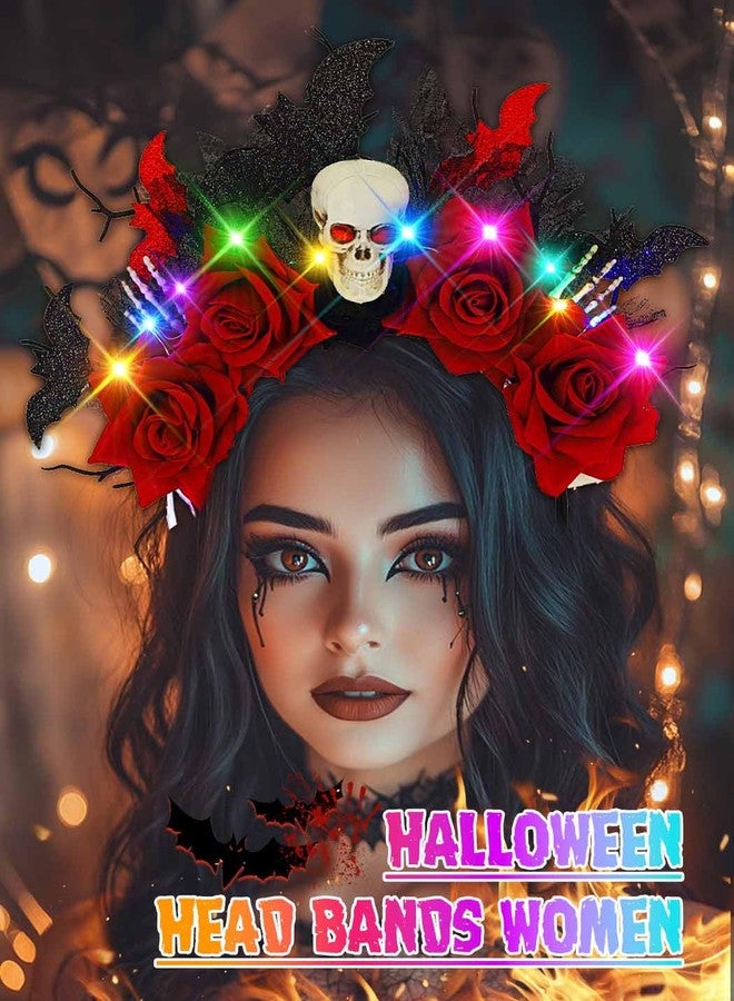 Urieo Rose Day of the Dead Headband Bat Light Up Headpiece Skull Halloween Led Glow Hair Accessories for Women - Image 3
