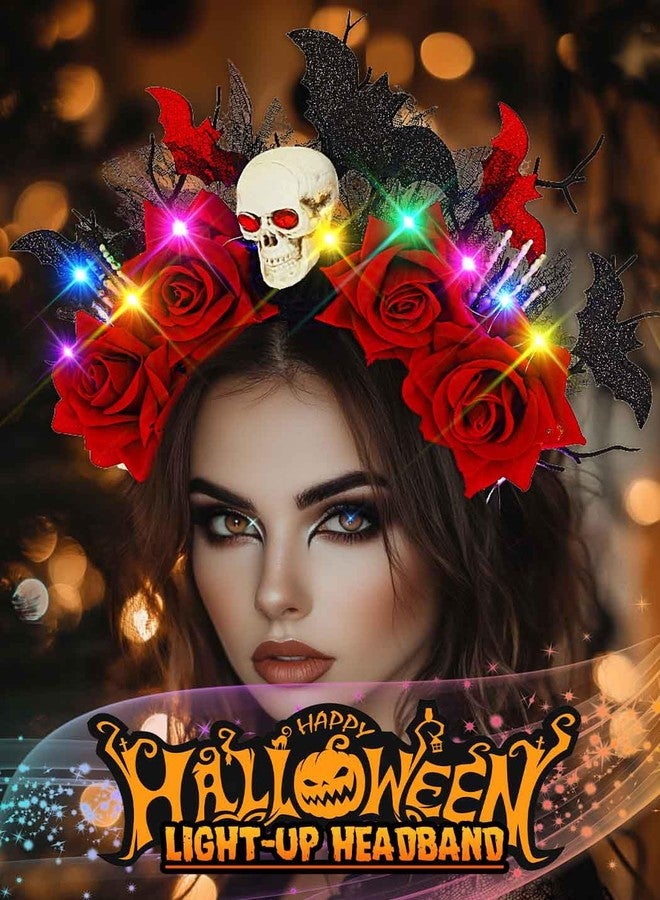 Urieo Rose Day of the Dead Headband Bat Light Up Headpiece Skull Halloween Led Glow Hair Accessories for Women - Image 5