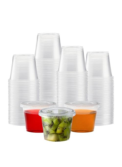 TashiBox TashiBox Plastic Portion Cups with Lids 55 oz100 Sets Souffle Cups Jello Shot Cups Condiment Sauce Containers For Sampling Sauce Snack or Dressing 