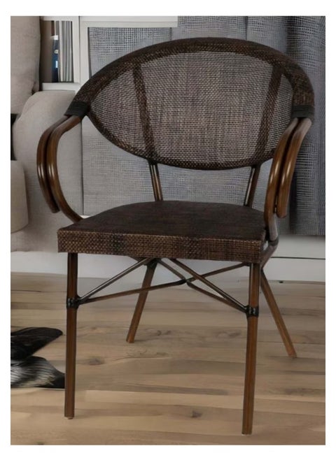 Elegant and durable rattan fabric chair for indoor and outdoor use - ideal for lounges, gardens, balconies, and lounges - made of a metal frame painted in wood color and resistant rattan fabric - dimensions: width 62 cm x depth 56 cm x height 83 cm - sitting height 46 cm and arm height 63 cm