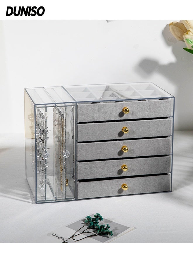 DUNISO صندوق تنظيم المجوهرات الأكريليكي، منظم مجوهرات شفاف متعدد الوظائف مع 5 أدراج و 2 حامل أقراط، علبة عرض تخزين مجوهرات مقاومة للغبار، لتخزين وعرض المجوهرات كهدية، رمادي - Image 1